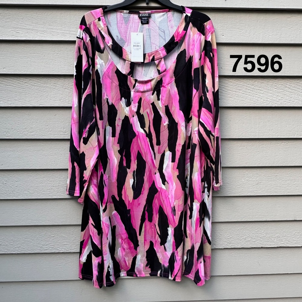 Evans Harriet Tunic Top Pink Black Abstract Cutout Neck Plus Size 30/32 NEW